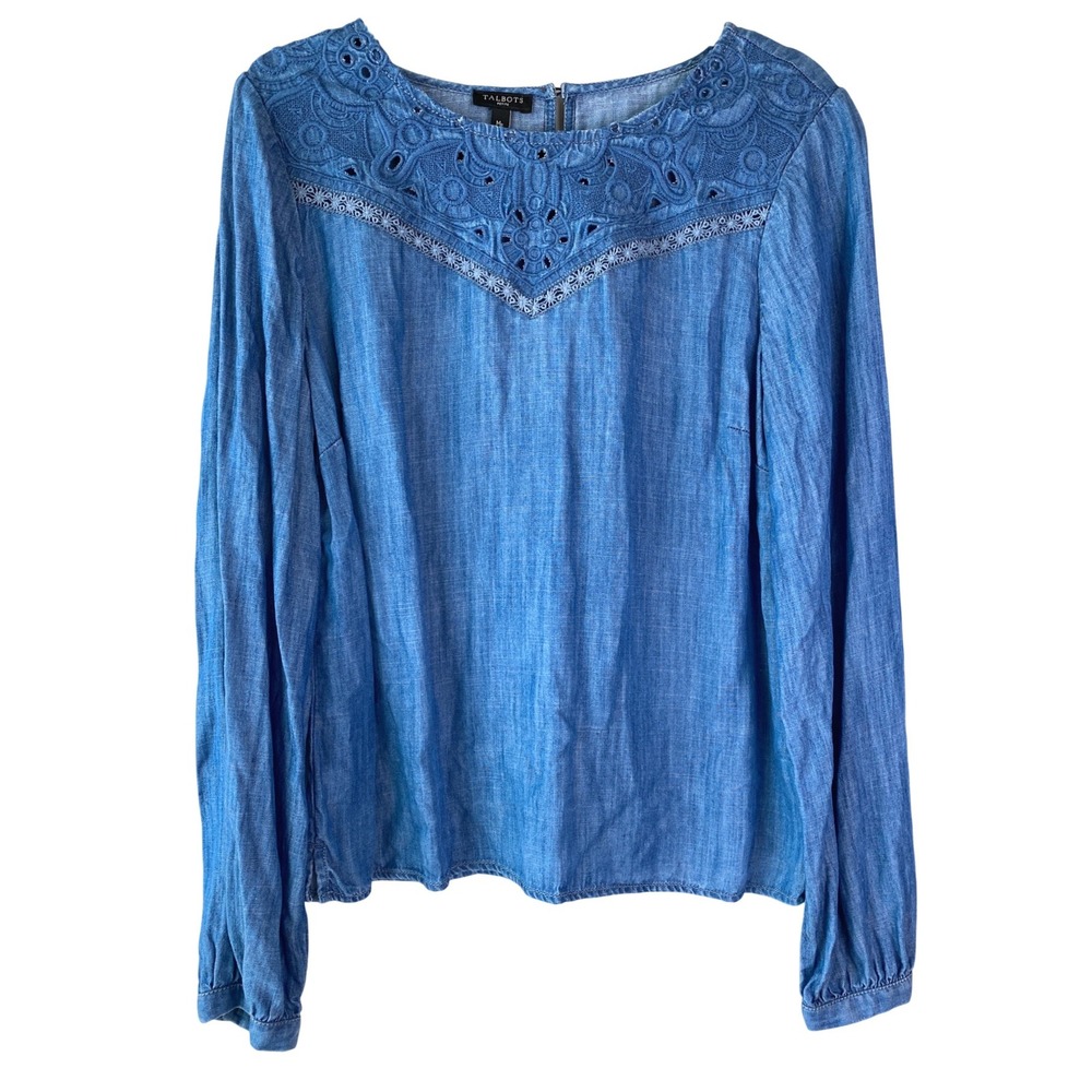 Talbots Womens Top MP Blue Chambray Denim Embroidered Long Sleeve Tencel Boho